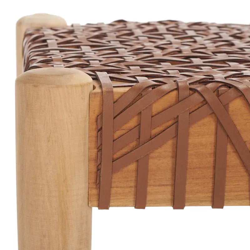 Wood and Interlaced Leather Bench - 47W x 16D x 19H