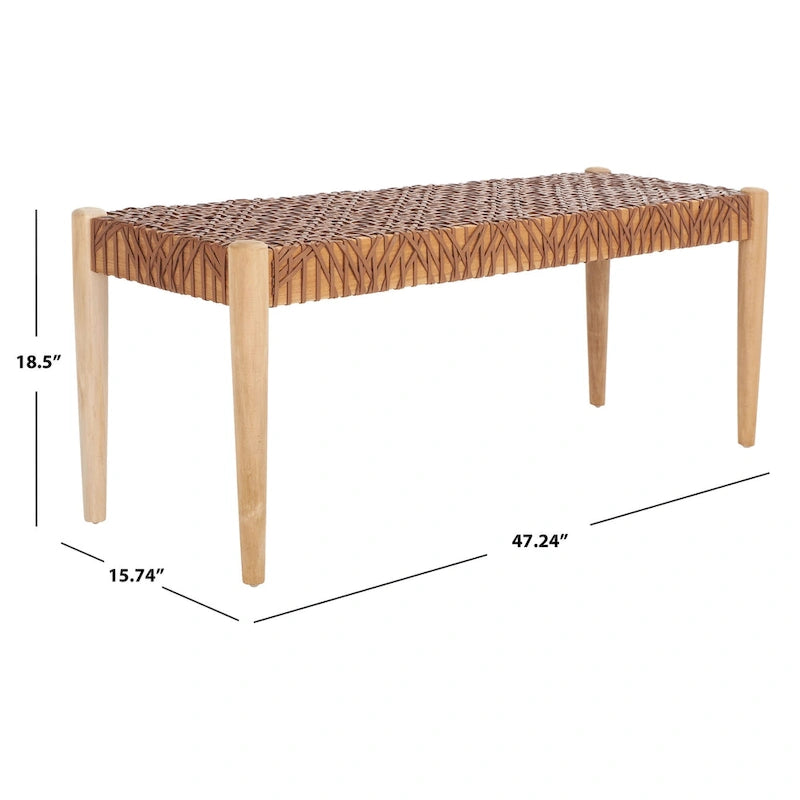 Wood and Interlaced Leather Bench - 47W x 16D x 19H