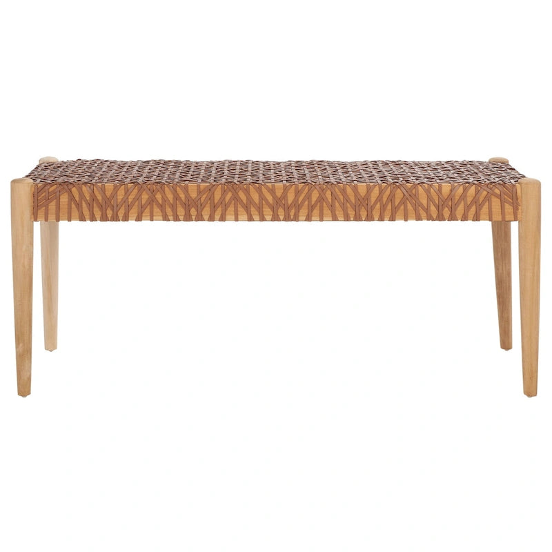 Wood and Interlaced Leather Bench - 47W x 16D x 19H
