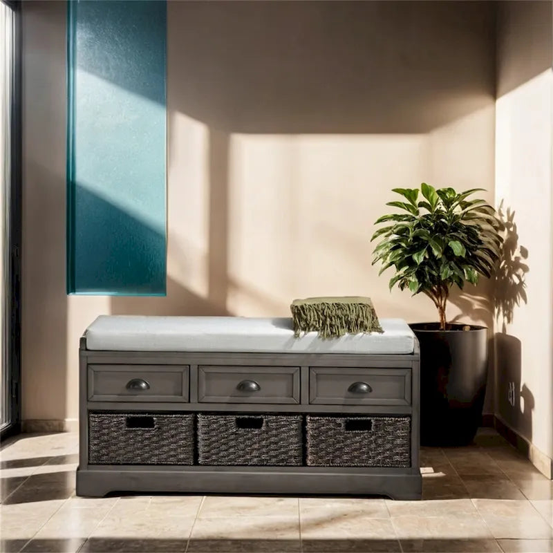 Wood Storage Bench with 3 Drawers and 3 Baskets