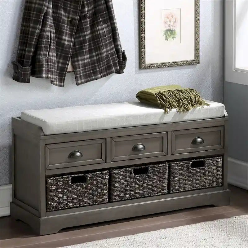 Wood Storage Bench with 3 Drawers and 3 Baskets