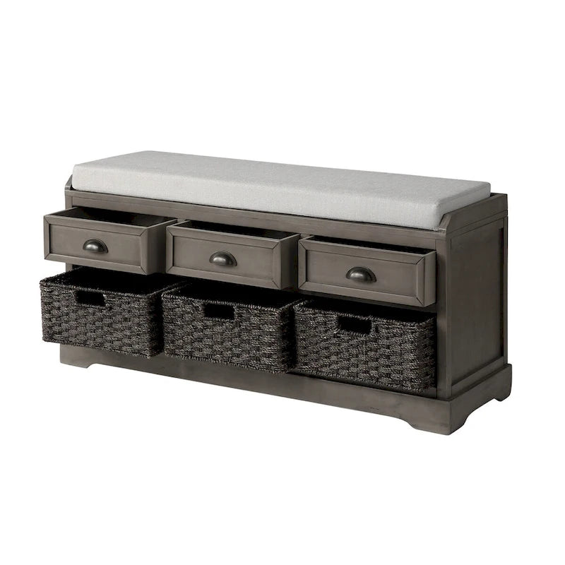 Wood Storage Bench with 3 Drawers and 3 Baskets