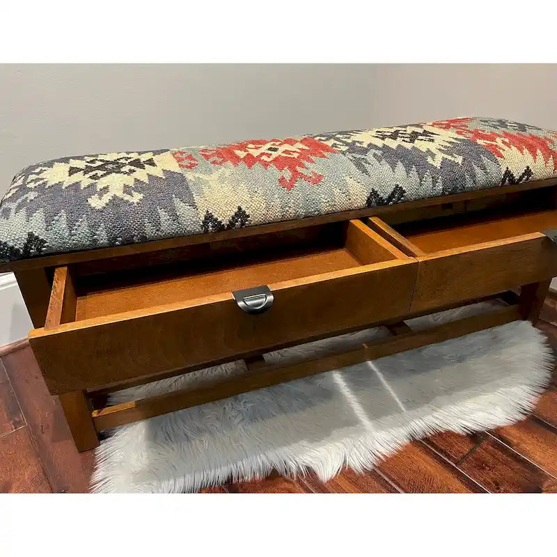 Handmade Kilim Upholstered Bench with Drawers - 14 x 19 x 47