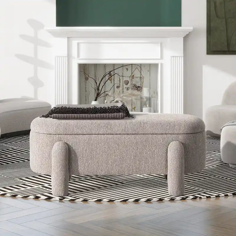 49-Inch Boucle Fully Upholstered Oval Storage Bench