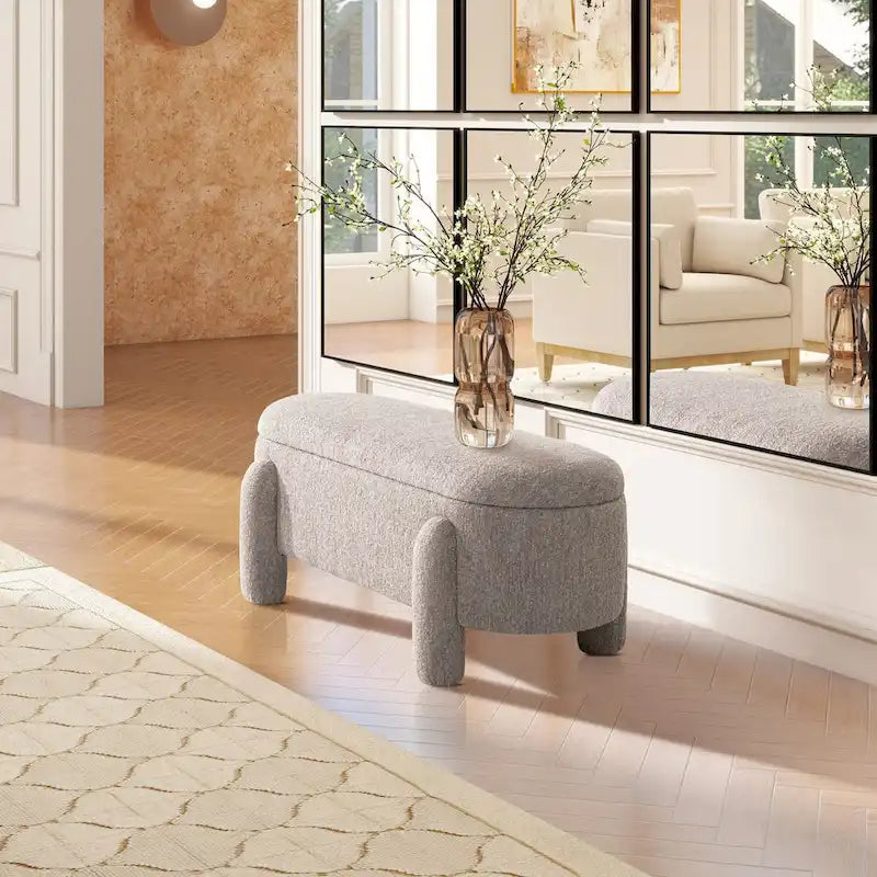 49-Inch Boucle Fully Upholstered Oval Storage Bench