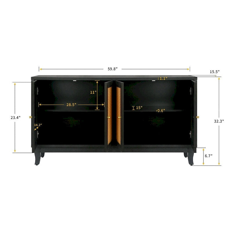 Wood Sideboard Cabinet with 4 Rattan Doors and Adjustable Shelves