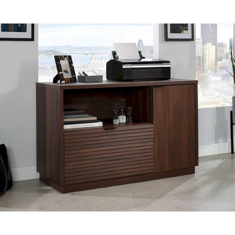 Office File Credenza with Drawer and Adjustable Shelf, Spiced Mahogany