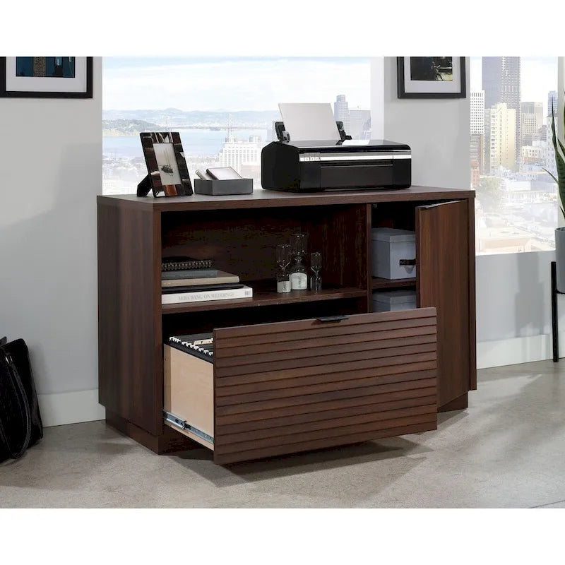 Office File Credenza with Drawer and Adjustable Shelf, Spiced Mahogany