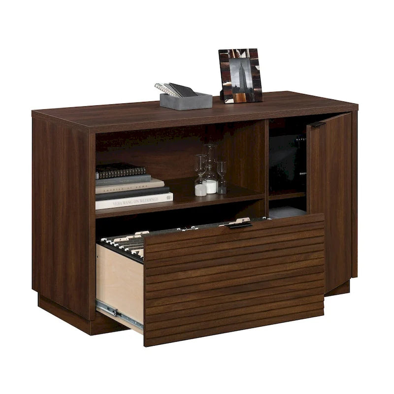 Office File Credenza with Drawer and Adjustable Shelf, Spiced Mahogany