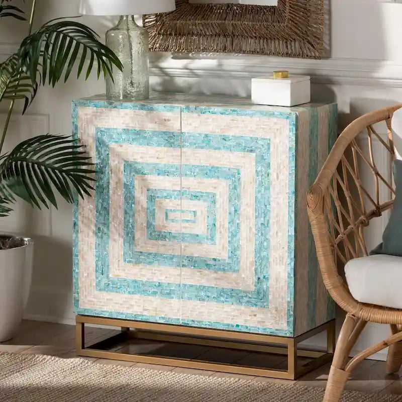 Modern Bohemian Two-Tone Mother of Pearl and Gold Metal Storage Cabinet