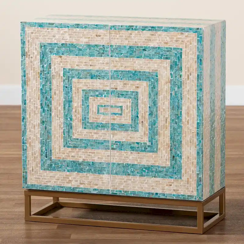 Modern Bohemian Two-Tone Mother of Pearl and Gold Metal Storage Cabinet