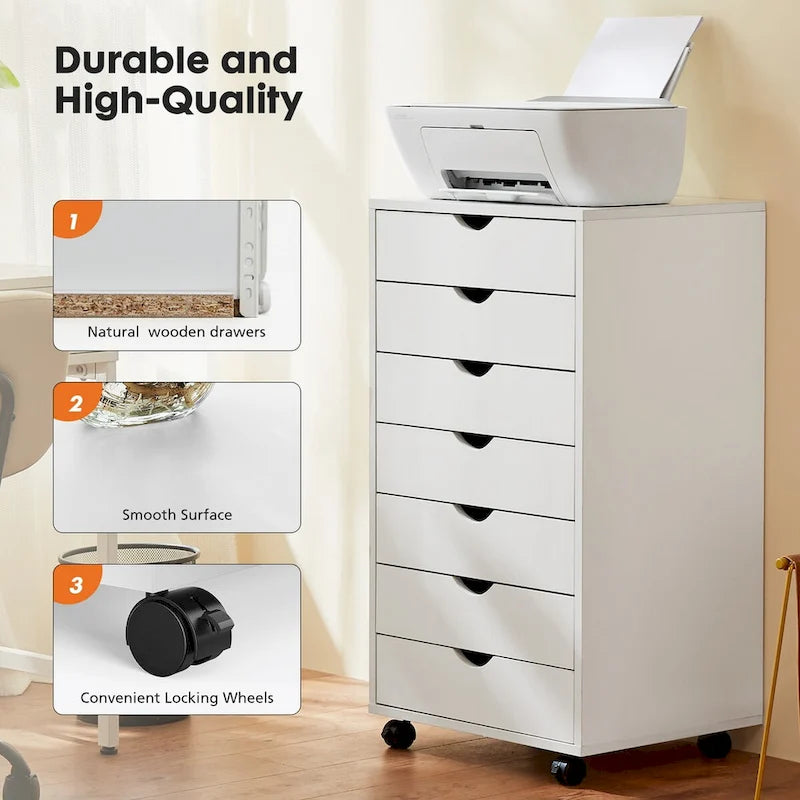 7 Drawer Chest with Wheels - Mobile Wood Dresser Cabinet for Office