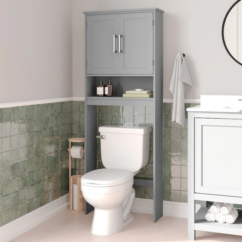 Gray Modern Over the Toilet Cabinet Storage Organizer with 2 Shelves and Doors