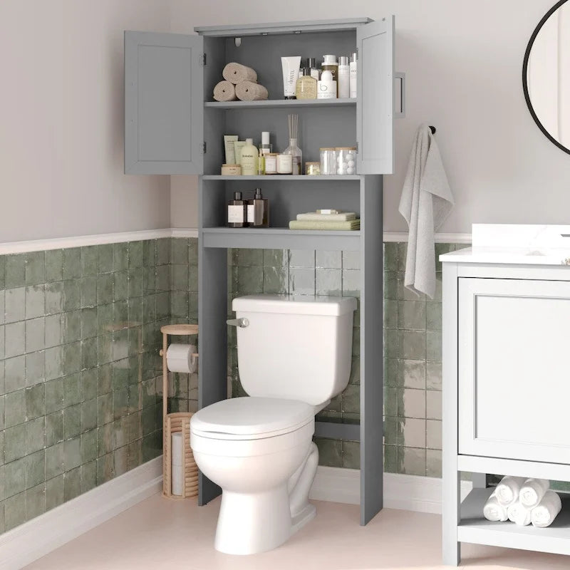 Gray Modern Over the Toilet Cabinet Storage Organizer with 2 Shelves and Doors
