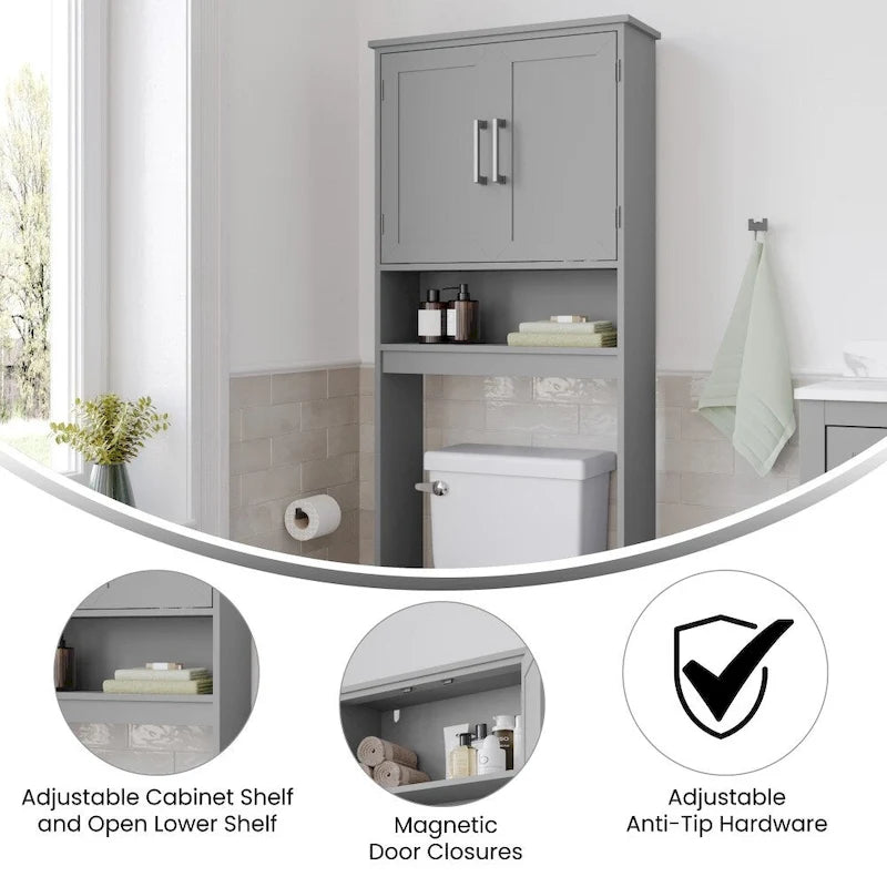 Gray Modern Over the Toilet Cabinet Storage Organizer with 2 Shelves and Doors