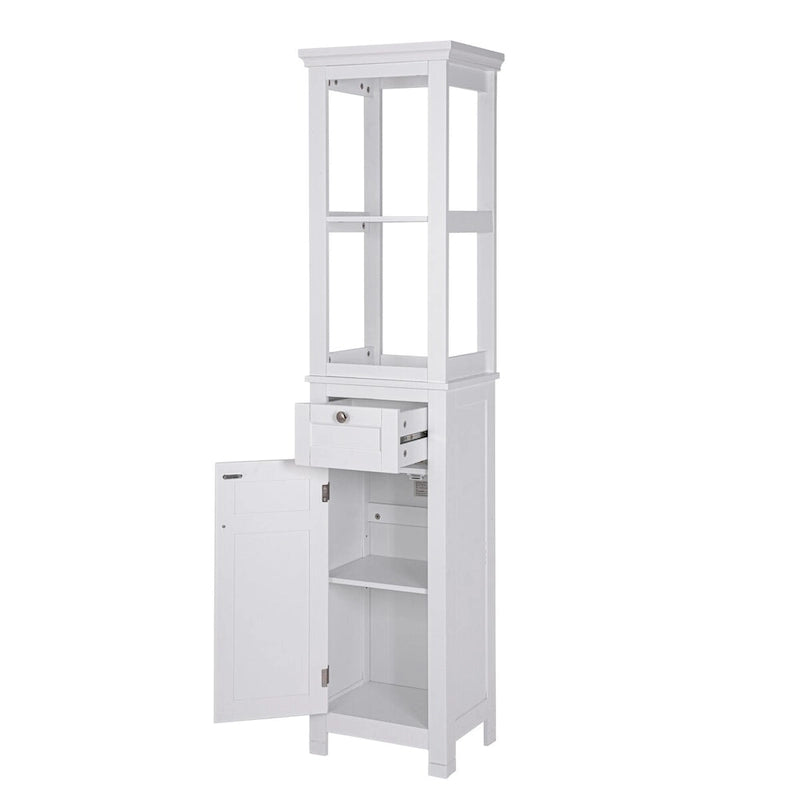 Bathroom Freestanding Storage Cabinet with Open Shelves, Tall Slim Tower with Door and Drawer