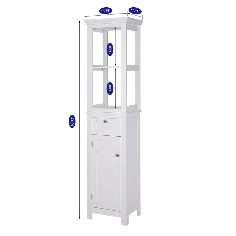 Bathroom Freestanding Storage Cabinet with Open Shelves, Tall Slim Tower with Door and Drawer