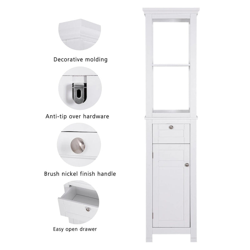 Bathroom Freestanding Storage Cabinet with Open Shelves, Tall Slim Tower with Door and Drawer