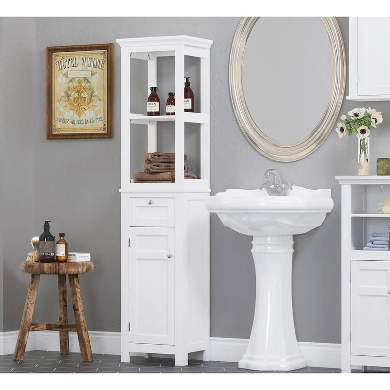 Bathroom Freestanding Storage Cabinet with Open Shelves, Tall Slim Tower with Door and Drawer