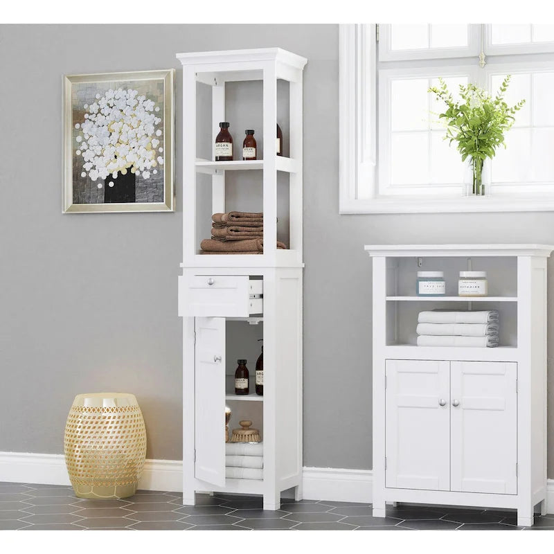 Bathroom Freestanding Storage Cabinet with Open Shelves, Tall Slim Tower with Door and Drawer