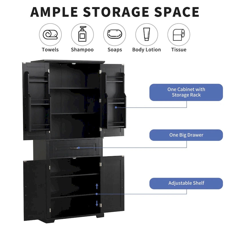 30 in. W x 16 in. D x 72 in. H Bathroom Cabinet with Doors, Drawer and Adjustable Shelves