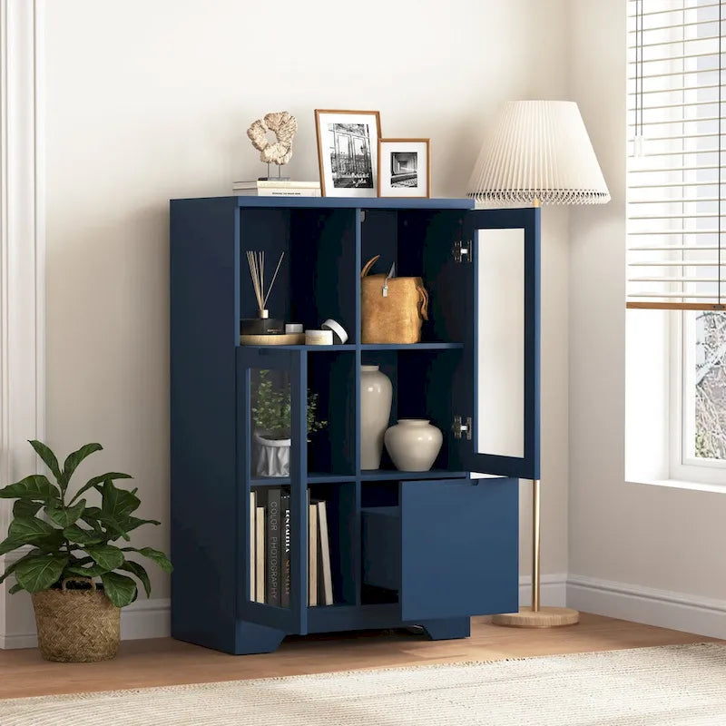 Wooden Floor Cabinet with 2 Glass Doors and 2 Storage Space