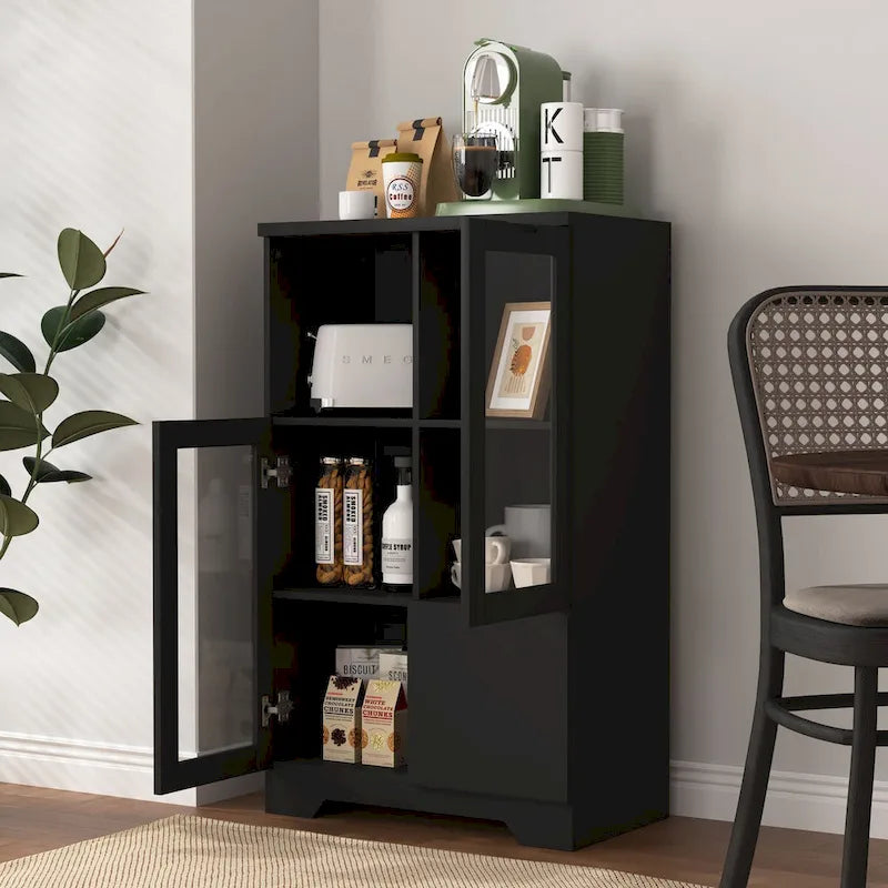 Wooden Floor Cabinet with 2 Glass Doors and 2 Storage Space