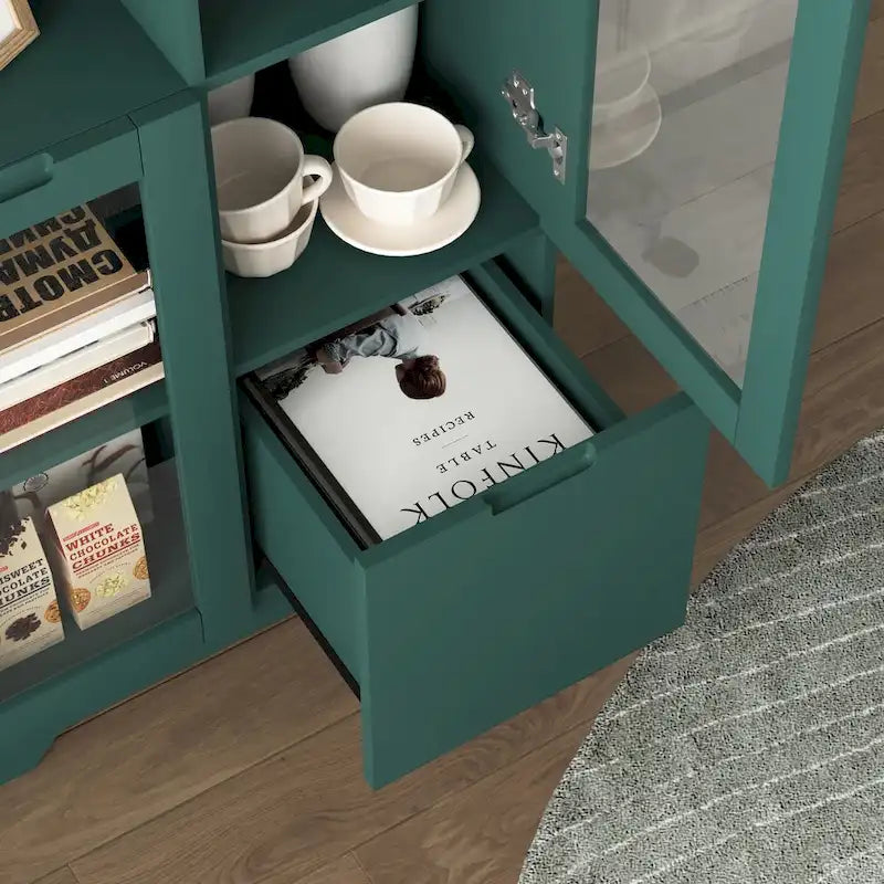 Wooden Floor Cabinet with 2 Glass Doors and 2 Storage Space