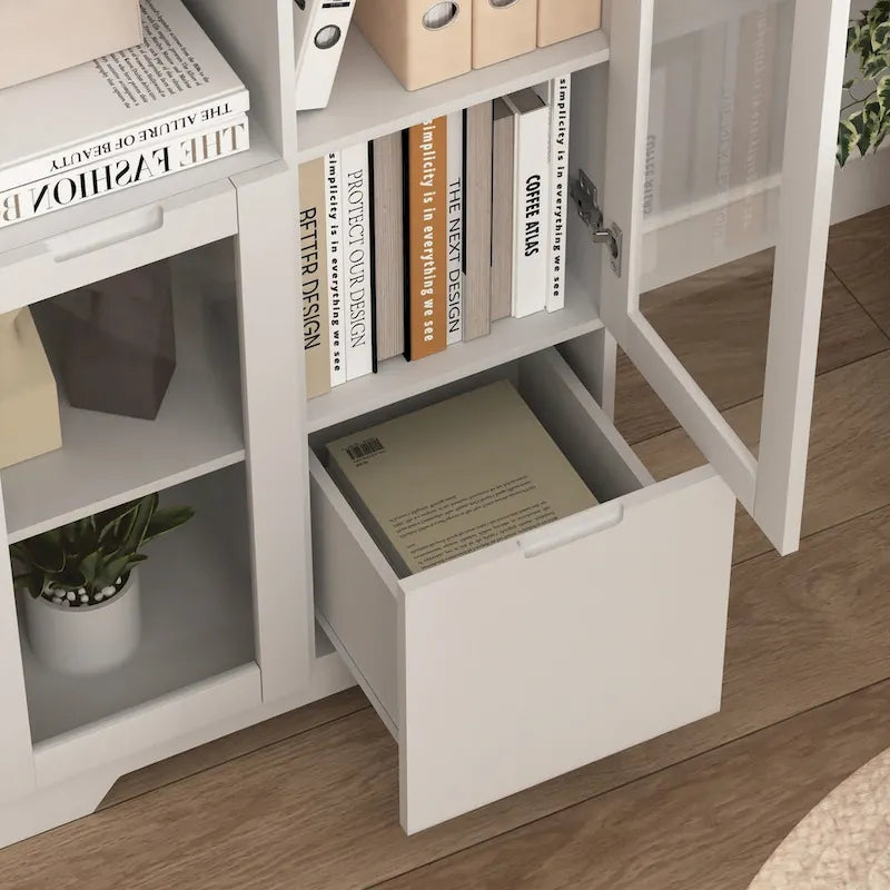 Wooden Floor Cabinet with 2 Glass Doors and 2 Storage Space